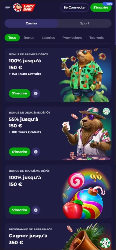 Bonus et promotions Lazy Bar Casino