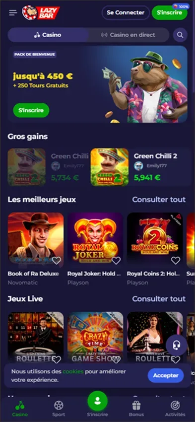 Version mobile du casino Lazy Bar